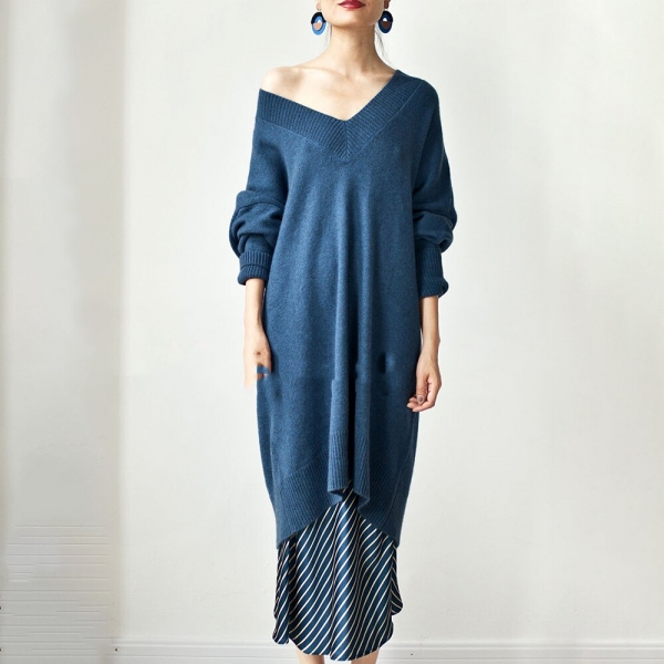 New V-neck Long Solid Color Loose Casual Japanese Style Women's Clothing