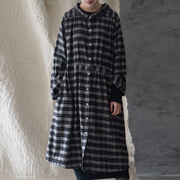 Spring Autumn Fashion Retro Plaid Single Breasted Turn-down Collar Dress