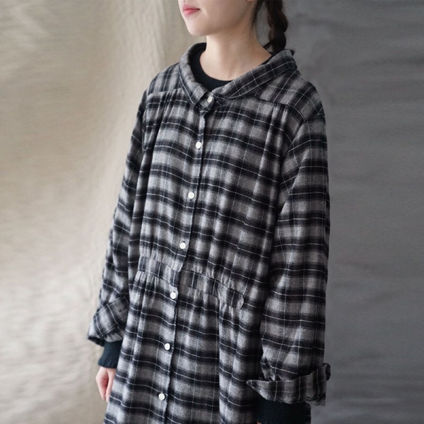 Spring Autumn Fashion Retro Plaid Single Breasted Turn-down Collar Dress