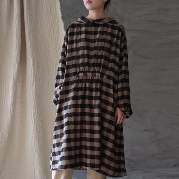 Spring Autumn Fashion Retro Plaid Single Breasted Turn-down Collar Dress