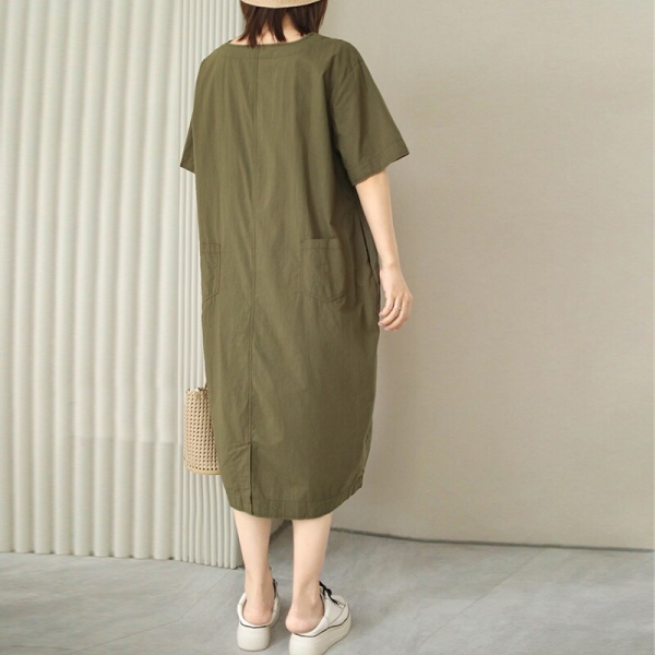 Women Cotton Dresses V-Neck Short Sleeve Solid Color Loose Casual Clothing