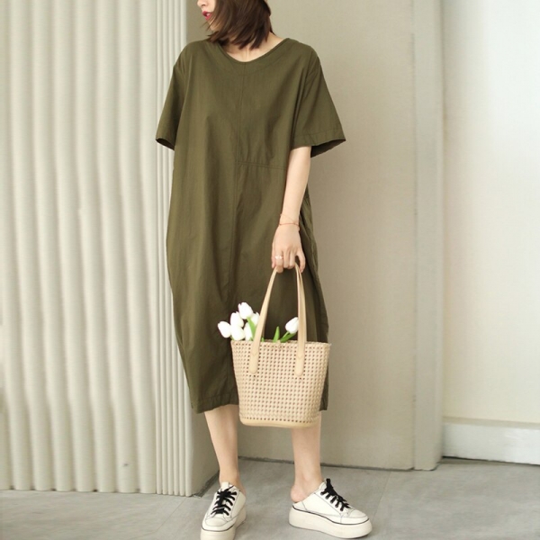 Women Cotton Dresses V-Neck Short Sleeve Solid Color Loose Casual Clothing